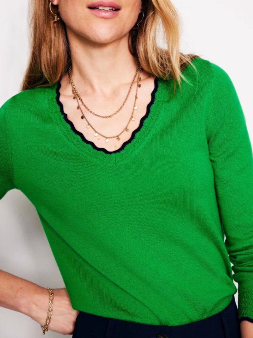 Boden | Merino Wool Scallop Trim V-Neck Sweater in Green | Size Small - Picture 4 of 11